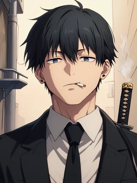 score_9, score_8_up, score_7_up, volumetric lighting, aki hayakawa, a man in a suit holding a sword, solo, short hair, bangs, black hair, 1boy, jewelry, white shirt, male focus, collared shirt, black jacket, formal, katana, ear piercing, black necktie, smoke, smoking, stud earrings, topknot, weapon on back, holding cigarette, alley, hayakawa aki, <lora:chainsawman_pony_v1-1_mx:0.9>