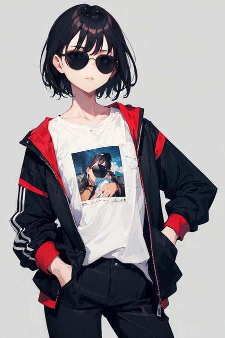 1girl,hands in pockets,cute,black sunglasses,detailed background