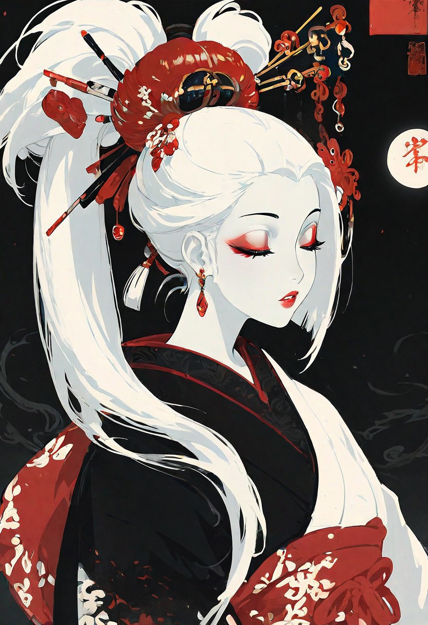 masterpiece, best quality, amazing quality, 1girl, solo, long hair, hair ornament, upper body, closed eyes, white hair, ponytail, earrings, parted lips, japanese clothes, kimono, lips, makeup, colored skin, black background, lipstick, pale skin, eyeshadow, eyeliner, red lips, hair stick, circle, Cinematic Lighting, ukiyo-e