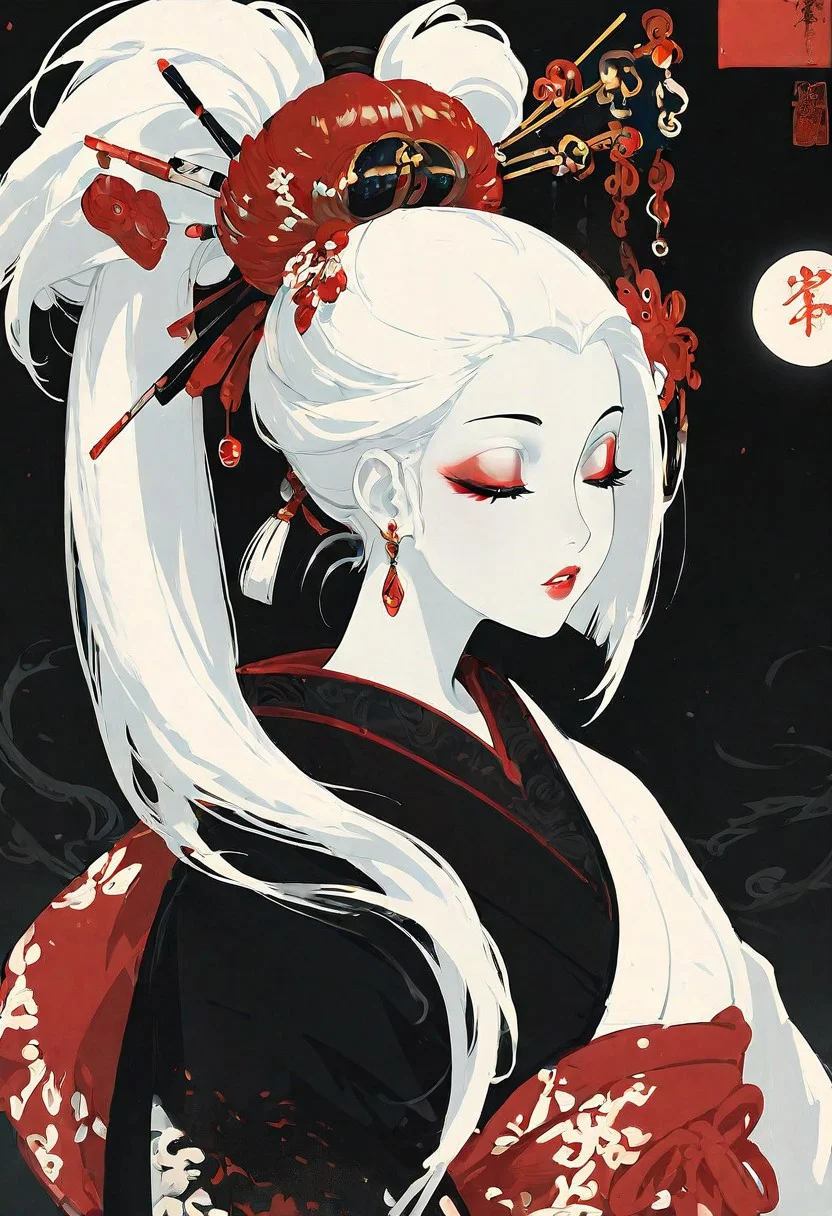 masterpiece, best quality, amazing quality, 1girl, solo, long hair, hair ornament, upper body, closed eyes, white hair, ponytail, earrings, parted lips, japanese clothes, kimono, lips, makeup, colored skin, black background, lipstick, pale skin, eyeshadow, eyeliner, red lips, hair stick, circle, Cinematic Lighting, ukiyo-e