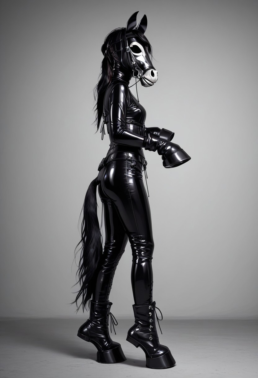 score_9, score_8_up, score_7_up, rating_safe, concept art, realistic, Fixhand.
1girl, solo,
HorseMask, Horse Mask, Latex mask.
Black eyes, Hoof gloves, Hoof boots.