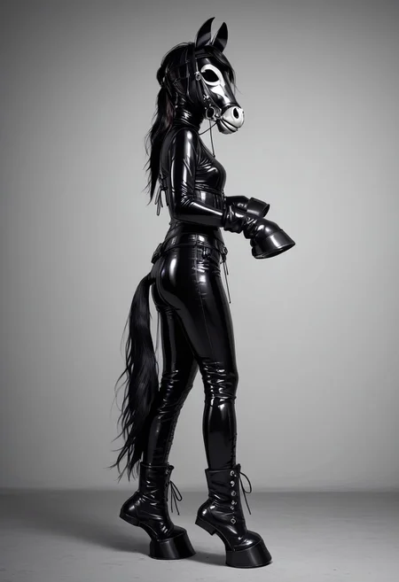 score_9, score_8_up, score_7_up, rating_safe, concept art, realistic, Fixhand.
1girl, solo,
HorseMask, Horse Mask, Latex mask.
Black eyes, Hoof gloves, Hoof boots.