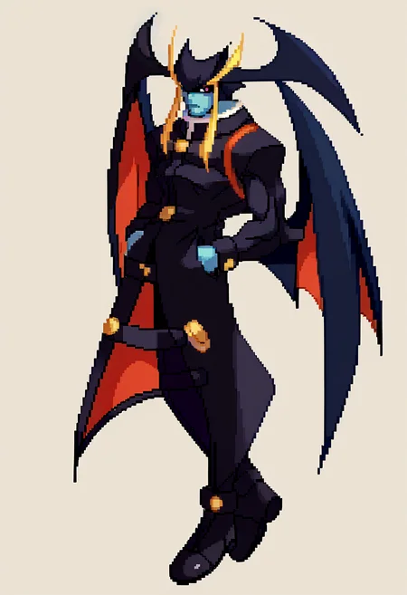 score_9, score_8_up, score_7_up, source_anime, BREAK, solo, 1boy, looking at viewer, <lora:Guilty-Gear-SpritesV2-pdxl_Fp:1>, simple background, full body, pixel art, floating, <lora:Jedah-pdxl_Fp:1>, jedahv, blue skin, red eyes, blonde hair, head wings, wings, black uniform, pants, long sleeves, sleeve cuffs, flying, hand in pocket, boots, black footwear, frown,
