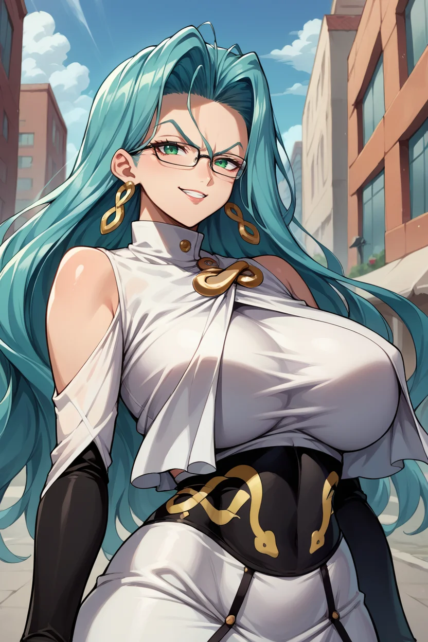 score_9, score_8_up, score_7_up, score_6_up, source_anime, BREAK 1girl, mature female, <lora:psykos-pdxl-nvwls-v1-000005:1> psykos, cyan hair, wavy hair, glasses, earrings, white dress, brooch, underbust, long dress, bridal gauntlets, (huge breasts:0.7), upper body, city, blue sky, hair blowing in the wind, looking at you, smirk, very long hair