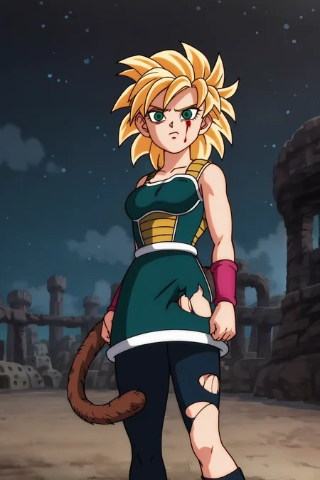 source_anime, score_9, score_8_up, score_7_up, anime screencap, absurdres, official style, ((skirt removed)), , super saiyan,
gine, black bra, night, 1girl, solo, breasts, short hair, floating hair, blonde hair, city in ruins, medium breasts, closed mouth, collarbone, blood on face, dirty face, green eyes, torn tight pants, torn clothes, spiked hair, bare arms, clenched hand, v-shaped eyebrows, cowboy shot, dirty, monkey tail, saiyan armor, black legwear, eyebrows, eyelashes, looking at viewer, exposed breasts, green saiyan armor, serious, v-shaped eyebrows, fingernails, white trim
<lora:gine_pony_v4:0.8>