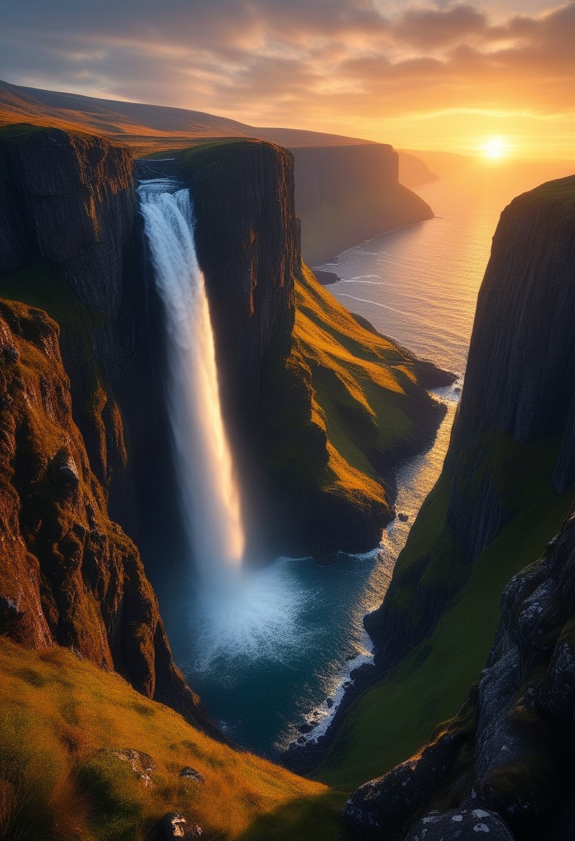 Scottish cliffs, waterfall, Dream Scenery,
detailxl, valley, mountains, rocks, spring, sunset