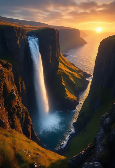 Scottish cliffs, waterfall, Dream Scenery,
detailxl, valley, mountains, rocks, spring, sunset
