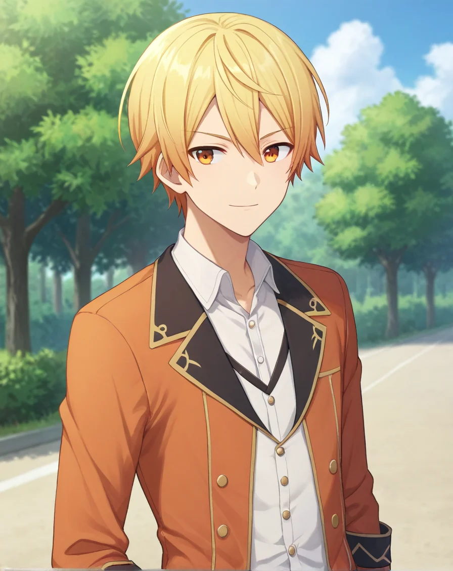 score_9, score_8_up, original style, depth of field, BREAK, rating_safe, 1boy, solo, male focus, cowboy shot, <lora:tenma_tsukasa_pony:1> tenma_tsukasa_pony, blonde hair, orange eyes, short hair, hair between eyes, bangs, skinny, outdoors, day, <lora:sdxl_lightning_8step_lora:1> <lora:xl_more_art-full_v1:0.5>