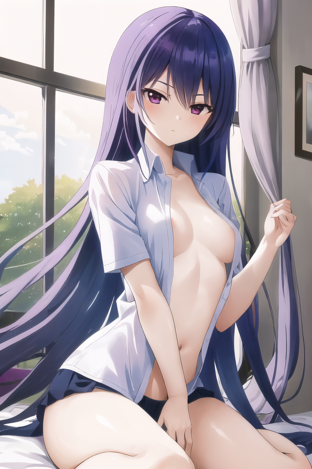 masterpiece, best quality, ultra-detailed, 1 girl,  areola slip,  kazami kazuki, silver hair, long hair, purple eyes, medium breasts, white shirt