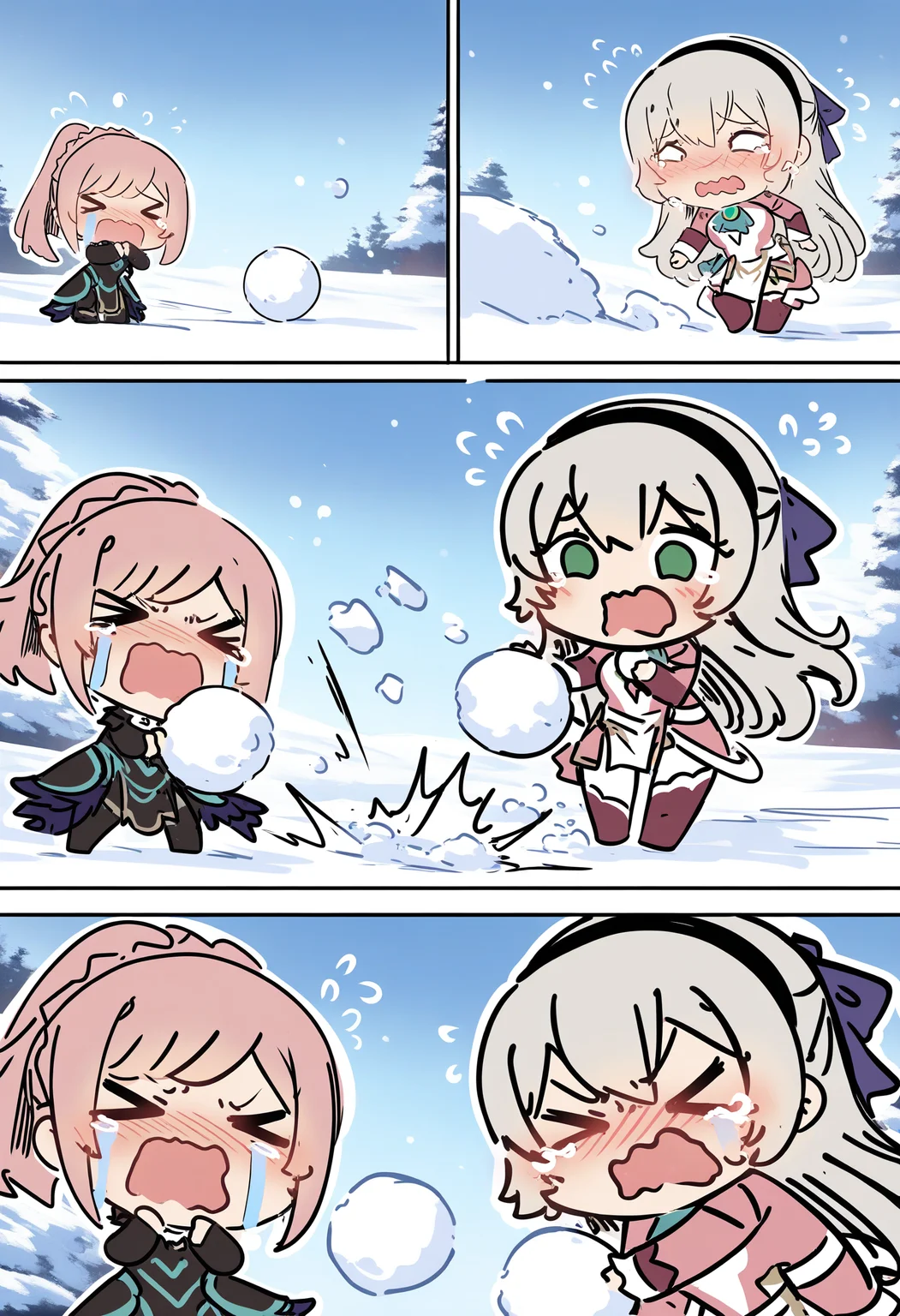 masterpiece, best quality, newest, absurdres, highres, sesield, chibi, crying, tears, > <, full body, open mouth, wavy mouth, comic, blush, fighting, elie macdowell, felicia \(fire emblem\), worried, angry, 2girls, snowball, snowball fight,