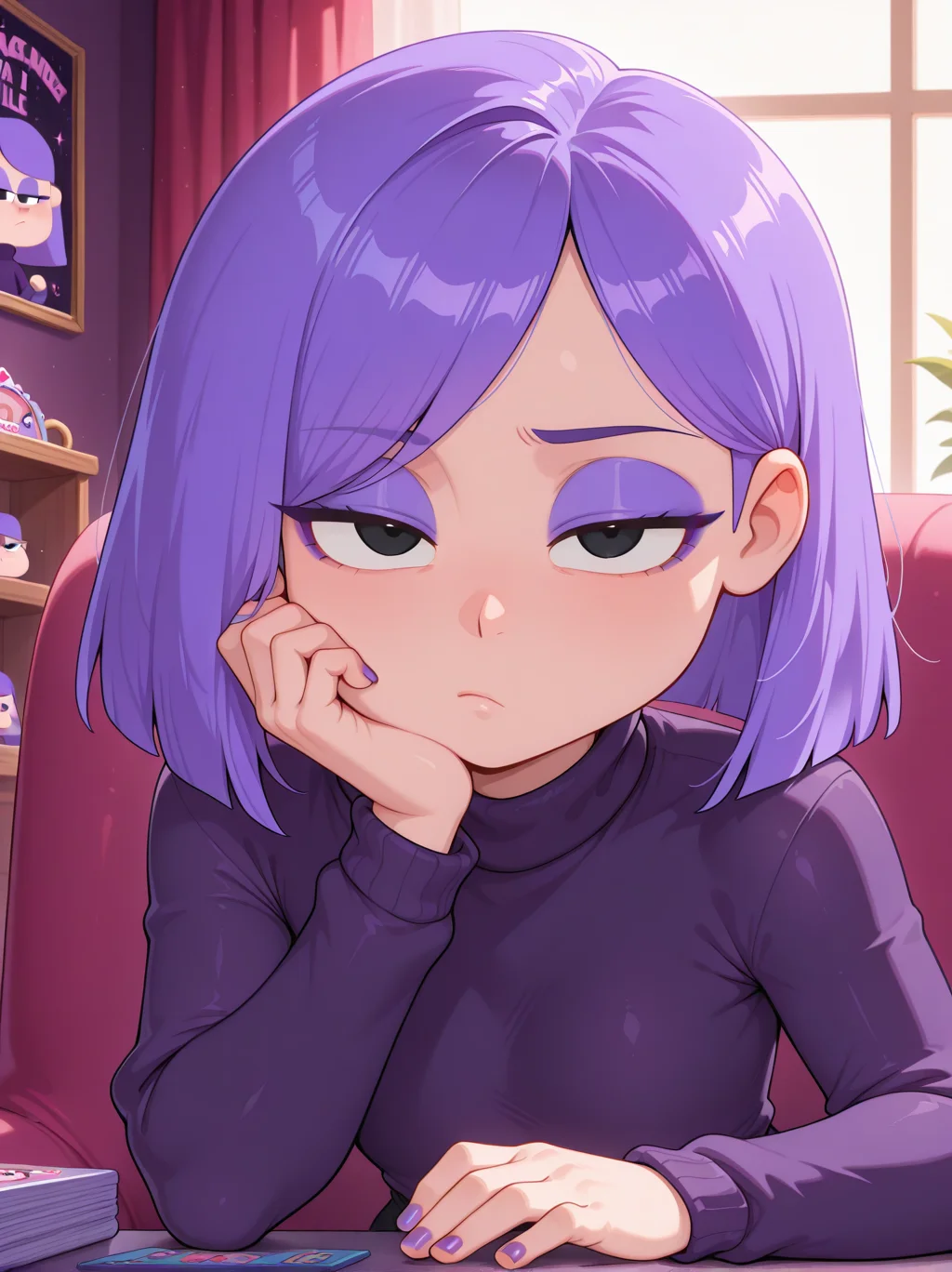 masterpiece,best quality,amazing quality,
solo, lilyduolingoILL, purple hair, black eyes, short hair, long sleeves, dark purple sweater, turtleneck, purple eyeshadow, purple nails, make up, medium hair, bangs, looking at viewer, bored,