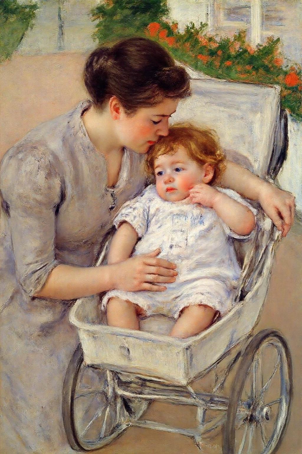 marycassatt1 painting.
A tender moment between a woman and a baby. The scene is set outdoorsin a garden The woman is show in profile, with short, dark hair, wears a light grey dress, leaning in affectionately towards the baby. The baby is sitting inside a baby carriage.
 <lora:marycassatt1_cap_d6a3e17:1.0><lora:833906495377776315:0>