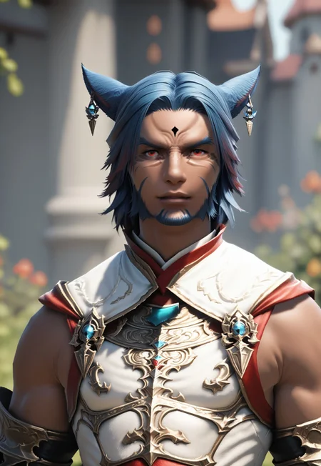 PonyXLV6_Scores, A cinematic shot, face2_xiv, miqo'te, 1boy, animal ears, solo, male focus, facial hair, miqo'te, blue hair, cat ears, earrings, jewelry, blurry background, blurry, beard, upper body, royal attire, armored royal attire, outdoors, facial mark, looking at viewer, signature, red eyes, dark skin, cat boy, 3d, final fantasy xiv, fantasy