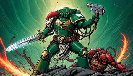 (Digital Illustration), Salamander Captain in Terminator armor. He is standing in a heroic pose, his left hand on his hip and his right hand holding a power sword. He is wearing a green and white helmet with a red plume, and his armor is decorated with various purity seals and other iconography. In the background, a Word Bearer chaos space marine and a Salamander marine are fighting.
dynamic composition, comic book \(style\), bold lines, dramatic shading, [[splash page]], line art, limited color palette, extremely detailed,
 <lora:Astartes-000007:1>