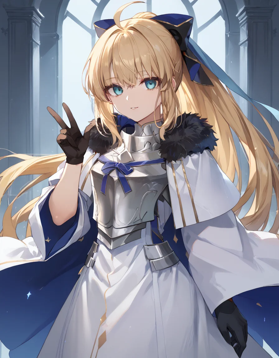 Volumetric Lighting, (masterpiece), (best quality), (ultra-detailed), masterpiece, source_anime, score_9, score_8_up, score_7_up BREAK, illustration, disheveled hair, detailed eyes, perfect composition, moist skin, intricate details BREAK, light depth, dramatic atmospheric lighting, Volumetric Lighting, Saviour, aqua eyes, blonde hair, very long hair, blue hair, ahoge,long hair, ponytail,sidelocks, looking at viewer , blue ribbon, svr breastplate ribbon, svr hair bow, svr dress, svr gloves, svr pantyhose, svr breastplate, svr fur trim capelet,indoor, looking at viewer, upper body,expresionless,hand up,peace sign,expresionless, dead eyes