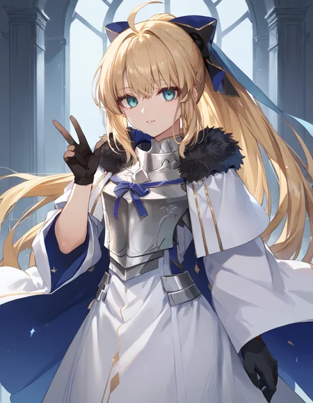 Volumetric Lighting, (masterpiece), (best quality), (ultra-detailed), masterpiece, source_anime, score_9, score_8_up, score_7_up BREAK, illustration, disheveled hair, detailed eyes, perfect composition, moist skin, intricate details BREAK, light depth, dramatic atmospheric lighting, Volumetric Lighting, Saviour, aqua eyes, blonde hair, very long hair, blue hair, ahoge,long hair, ponytail,sidelocks, looking at viewer , blue ribbon, svr breastplate ribbon, svr hair bow, svr dress, svr gloves, svr pantyhose, svr breastplate, svr fur trim capelet,indoor, looking at viewer, upper body,expresionless,hand up,peace sign,expresionless, dead eyes