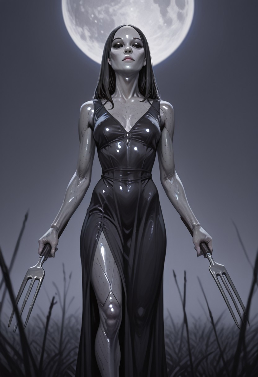 ((source_realistic:1.6)), hyper detailed, (dynamic pose:1.4), depth of field, 
alien,gray skin,large eyes,black eyes
surreal sci-fi reinterpretation of American Gothic, where the traditional farmer and lady are replaced with two tall, slender gray aliens with large, glossy black eyes and elongated, expressionless faces. They stand in front of a eerily familiar farmhouse with wooden panels 
The farmer alien grips a pitchfork, while the lady-alien wears an old-fashioned dress infused. Their skin has a soft, silver sheen, reflecting the cold, ambient light from a mysterious full moon that appears far too large in the sky.
The background showcases an eerie yet mesmerizing blend of Earth and an alien world—strange purple crops grow in neat rows, and the sky is an ethereal mix of swirling nebulae and distant planets. 
The lighting is moody and cinematic, with a mix of soft ambient glow from the celestial sky and the harsh. The composition retains the rigid, iconic posture of American Gothic, but the unsettling