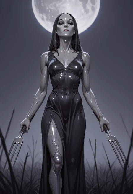 ((source_realistic:1.6)), hyper detailed, (dynamic pose:1.4), depth of field,
alien,gray skin,large eyes,black eyes
surreal sci-fi reinterpretation of American Gothic, where the traditional farmer and lady are replaced with two tall, slender gray aliens with large, glossy black eyes and elongated, expressionless faces. They stand in front of a eerily familiar farmhouse with wooden panels
The farmer alien grips a pitchfork, while the lady-alien wears an old-fashioned dress infused. Their skin has a soft, silver sheen, reflecting the cold, ambient light from a mysterious full moon that appears far too large in the sky.
The background showcases an eerie yet mesmerizing blend of Earth and an alien world—strange purple crops grow in neat rows, and the sky is an ethereal mix of swirling nebulae and distant planets.
The lighting is moody and cinematic, with a mix of soft ambient glow from the celestial sky and the harsh. The composition retains the rigid, iconic posture of American Gothic, but the unsettling