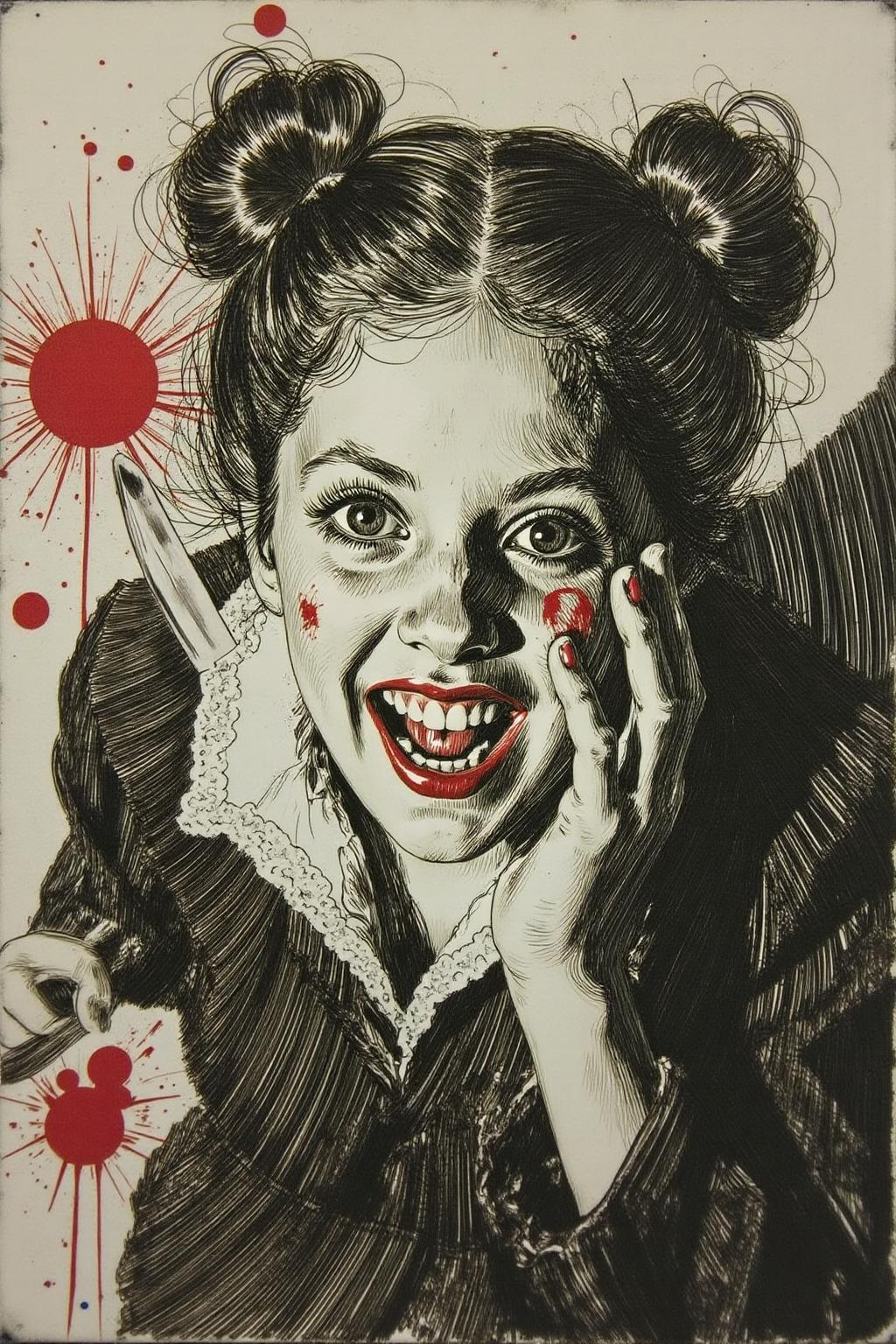 anzo1 black and white etching.
masterpiece, best quality, amazing quality, very aesthetic, absurdres, newest, scenery, 1girl, toga himiko, teeth, open mouth, blood on face, smile, double bun, crazy eyes, holding knife, hand on own cheek, upper body, school uniform backlighting, from above, dutch angle, , close-up, photorealistic, dutch angle, (colorful), from above, (((paint splatter))),fisheye, , masterpiece, best quality, amazing quality, very aesthetic, absurdres, newest, scenery, volumetric lighting <lora:anzo1_nocap_d6a3:1.0><lora:815138596395699629:0>