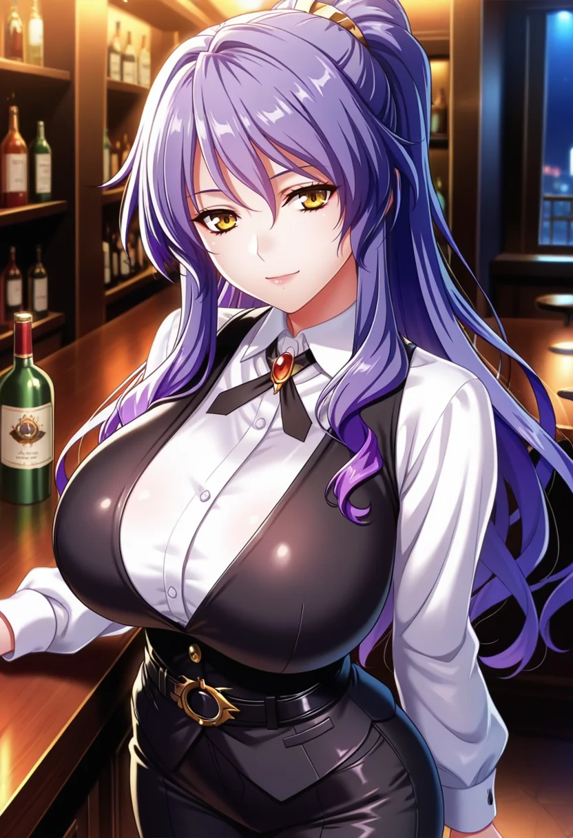 masterpiece, best quality, amazing quality,escelda, yellow eyes, purple hair, long hair, ponytail, mature female, 1girl, breasts, solo,huge breasts,closed mouth, light smile, black vest, collared shirt, white shirt,black cross tie, long sleeves, black belt, black pants, cowboy shot, standing, looking at viewer, indoors, bar \(place\), bartender, night, blurry background<lora:esceldaV1:0.8>