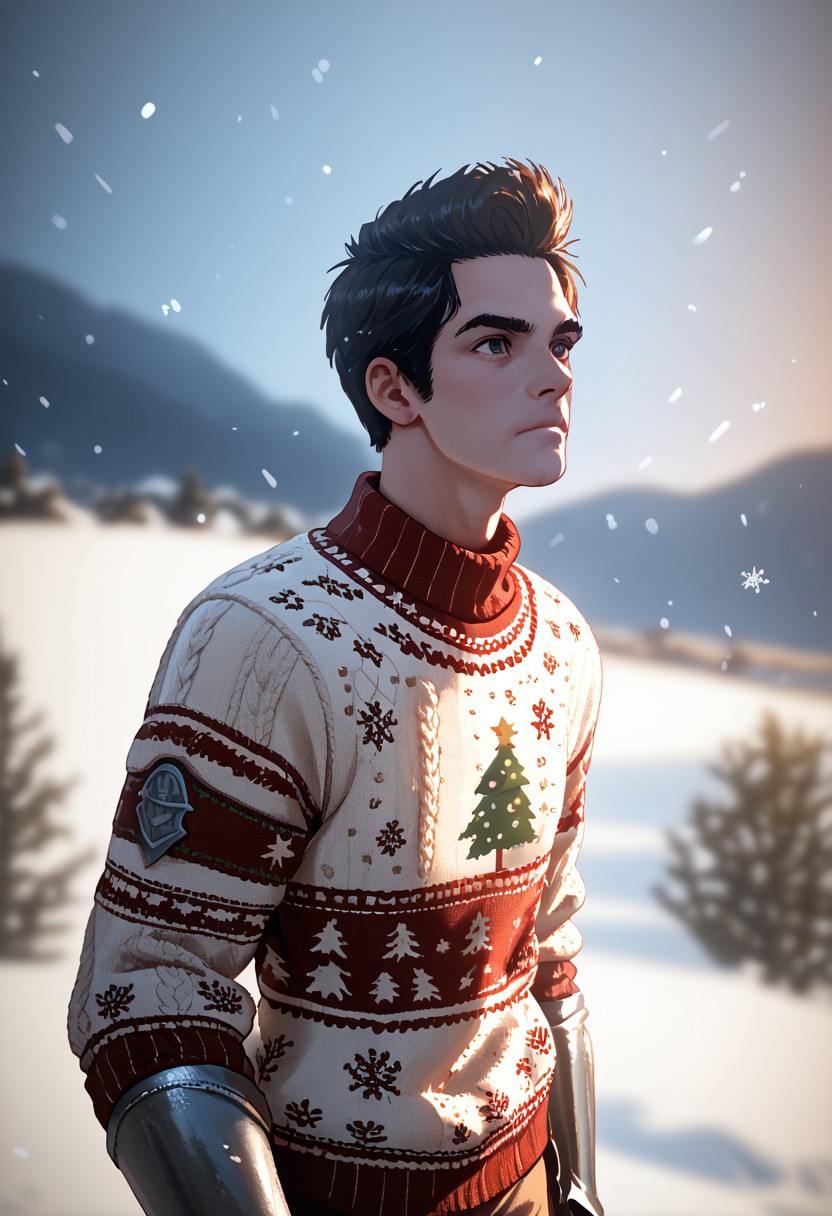 score_9, score_8_up, score_7_up, face close up, bdo_warrior, depth of field, highly detailed, high contrast, film grain, Rim Lighting, Long Exposure, DSLR, armor, movie scene, christmas_sweater, snowing, field of snow