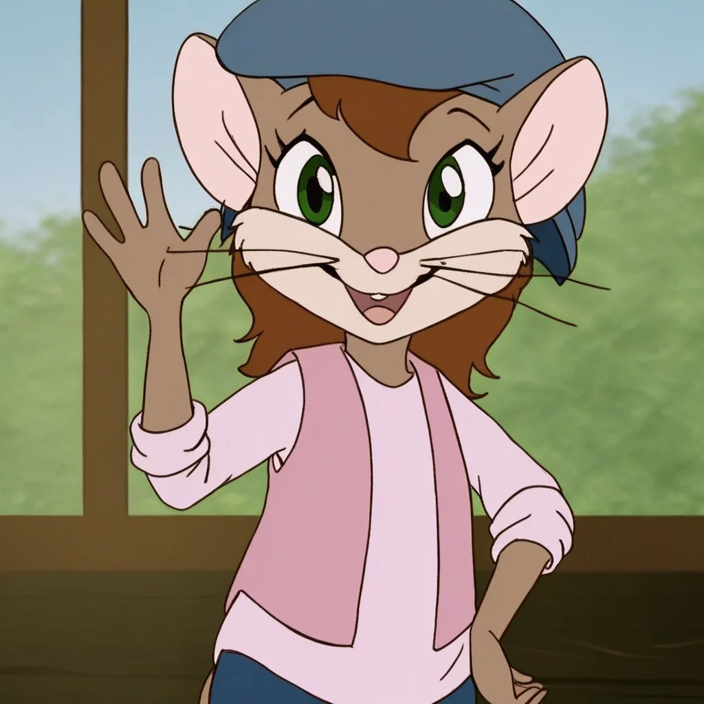 source_cartoon, 1girl, solo, bridgidbarnes, semi-anthro, mouse, brown fur, whiskers, green eyes, dark brown short hair, dark blue newsie cap, pink vest, light pink shirt, dark blue long pants, looking at viewer, smile, opened mouth, waving hand, hand on hip, wooden window, daytime indoors