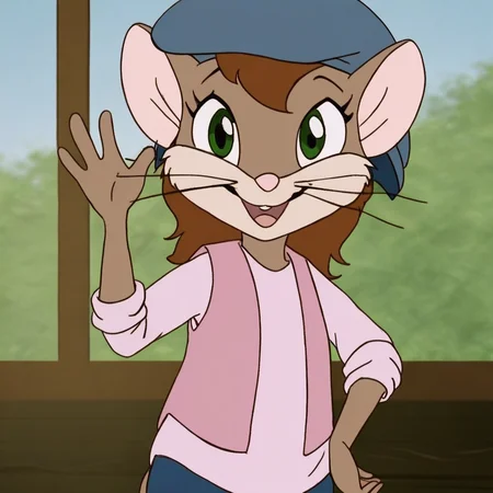 source_cartoon, 1girl, solo, bridgidbarnes, semi-anthro, mouse, brown fur, whiskers, green eyes, dark brown short hair, dark blue newsie cap, pink vest, light pink shirt, dark blue long pants, looking at viewer, smile, opened mouth, waving hand, hand on hip, wooden window, daytime indoors