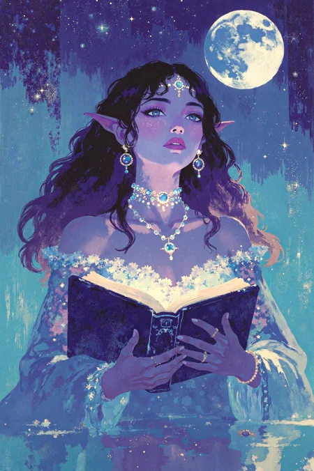 <lora:frazetta_flux_v2:0.6>,<lora:minimalist_flat_illustration_nbm>,designed by Giuseppe de Nittis and Charles Victor Thirion and Leonard Starr,creative digital art with excellent composition and colors of a [Granular|Junoesque] lake,The screen is alive but its surface appears a deep,soulful shade in alluring. The character's eyes light up with an intense sadness,and her lips seem to hold some mysterious secret within the walls. It seems to be absorbed in an unnerving sense,as if they are trying hard. She holds up a book and starts studying it intently in his own hand,lost solemnally in thought. Modification: To change its color in response to user suggestions,at Nighttime,in focus,Cel shaded,Fae,specular lighting,pinhole lens,highly enhanced,atmosphere,rich deep colors,epic composition,imposing,luxurious sharp focus,i11ustmin,