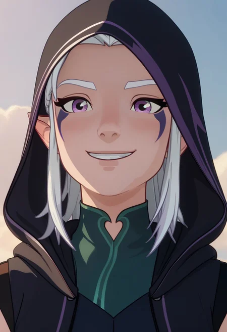 Score_9, Score_8, Score_7, TDPStyle, TeRay, Wearing Hood, Elf, Moonelf, White Hair, Purple Facial Marks, close up, looking down at viewer, smiling,