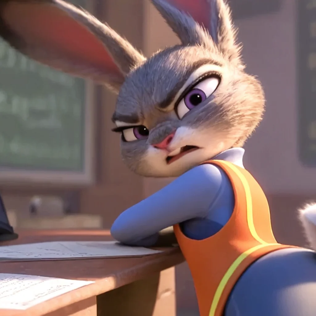 judymtr, solo, leaning on desk, looking back, disgusted, annoyed, orange vest, close up  <lora:judyhopps-v3-Yiffy:0.8>, BREAK best quality, high quality, masterpiece
