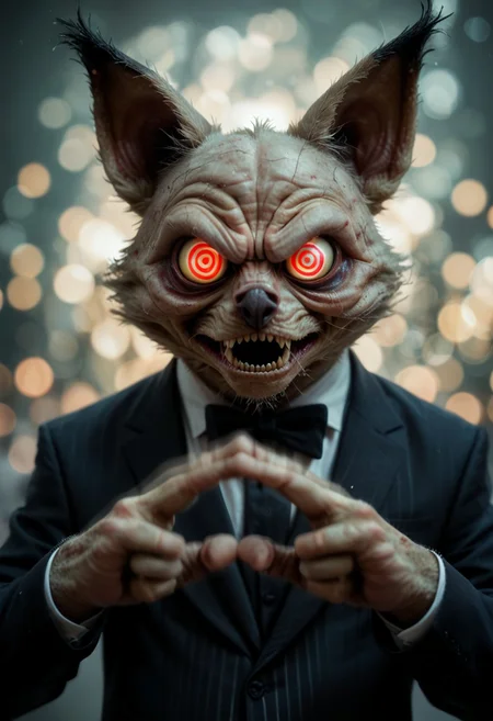 (an anthropomorphic male very creepy, very angry:1.5) fur fury korrigan yellow monster, big eyes, (cute tiny monster, creepy ears:1.4), huge long fur large tail, (dirty fur:1.2), (magics. Magical neon spiral power:1.5), (upper body: 1.2), (novuschroma60 style bokeh:1.2), fit. Eyeliner, Gothic, creepy body, monster (creepy:1.4), (realistic, very real, in real life, in real world:1.5), (action pose, action scene, action movie, motion blur, bokeh effect:1.3)