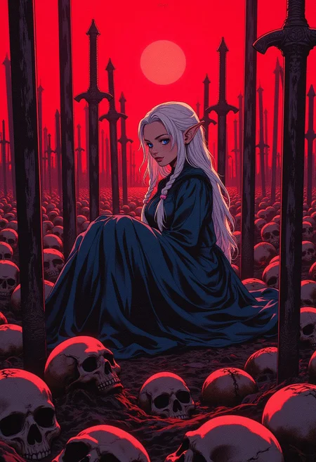 A beautiful elf girl, with long white hair, french braids, and a dark blue dress, reclining against a sea of swords planted in the ground. The red sky intensifies the dark mood, the floor is full of the skull heads, and her blue eyes are filled with a haunting calm. The swords glisten under the crimson light. (epic dark fantasy style).
ne0nfant4sy