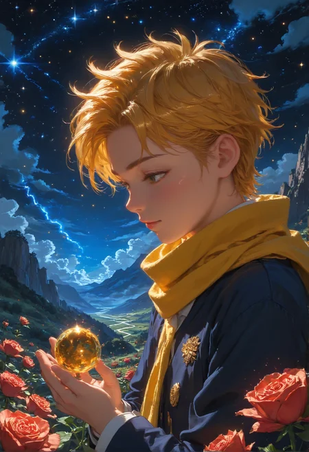 detailed background,Cinematic Lighting,film grain,score_9,score_8_up,score_7_up,zPDXL2,masterpiece,best quality,highly detailed,glowing,hand person,Expressiveh, <lora:(增强)sdxl_lightning_8step_lora:1>,<lora:glowneon_xl_v1:1>, <lora:(增强)Hands XL 4:1>,<lora:(增强)Expressive_H-000001:0.8>, <lora:Vixon\Vixon's Pony Styles Astro:0.8> , little prince, a rose, a fox, little planet, night sky, universe, yellow scarf, yellow hair, 4str0,star \(sky\), earth \(planet\), planet,Le Petit Prince,1child