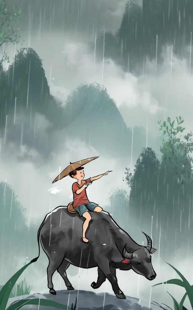 Sweeping Day Photography, a man riding a bull in the rain, best quality, high quality, masterpiece, 8K UHD, highly detailed, ultra detailed <lora:sweeping-day_lora_r64_sdxl:0.8>