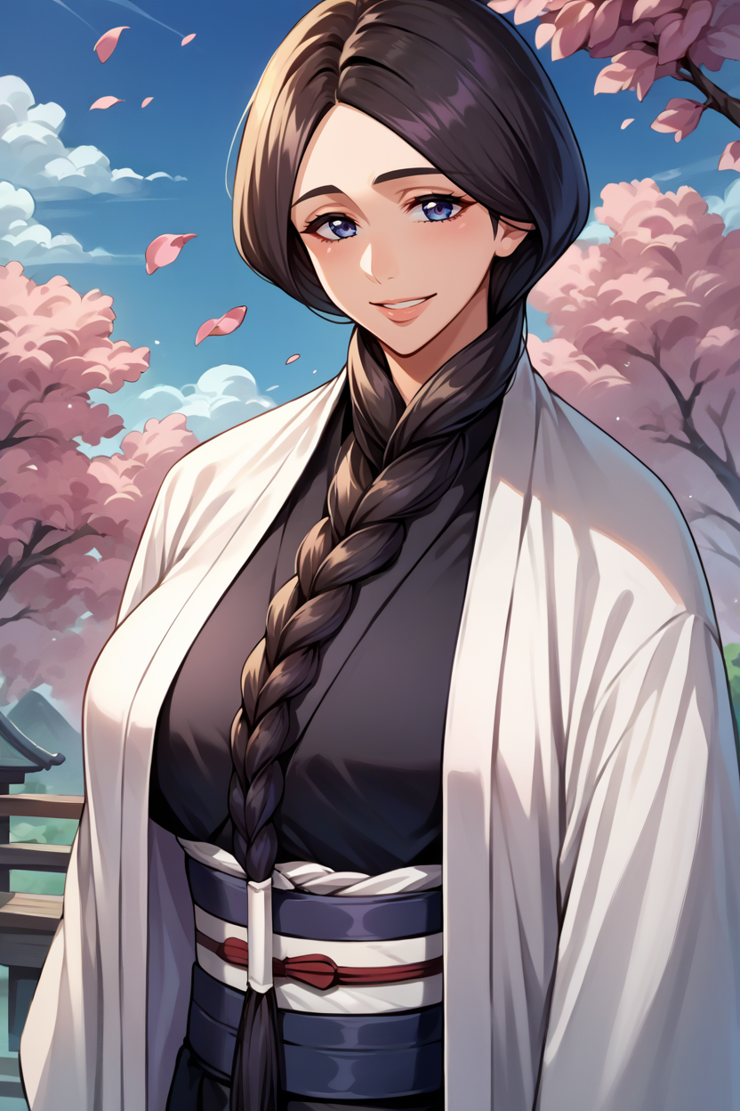score_9, score_8_up, score_7_up, score_6_up, source_anime, BREAK 1girl, solo, mature female <lora:unohanaretsu-pdxl-nvwls-v1-000004:1> unohana retsu, single braid, white coat, black kimono, black skirt, large breasts, smile, looking at you, cherry blossoms, blue sky, looking at you, upper body