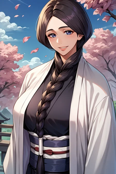 score_9, score_8_up, score_7_up, score_6_up, source_anime, BREAK 1girl, solo, mature female <lora:unohanaretsu-pdxl-nvwls-v1-000004:1> unohana retsu, single braid, white coat, black kimono, black skirt, large breasts, smile, looking at you, cherry blossoms, blue sky, looking at you, upper body