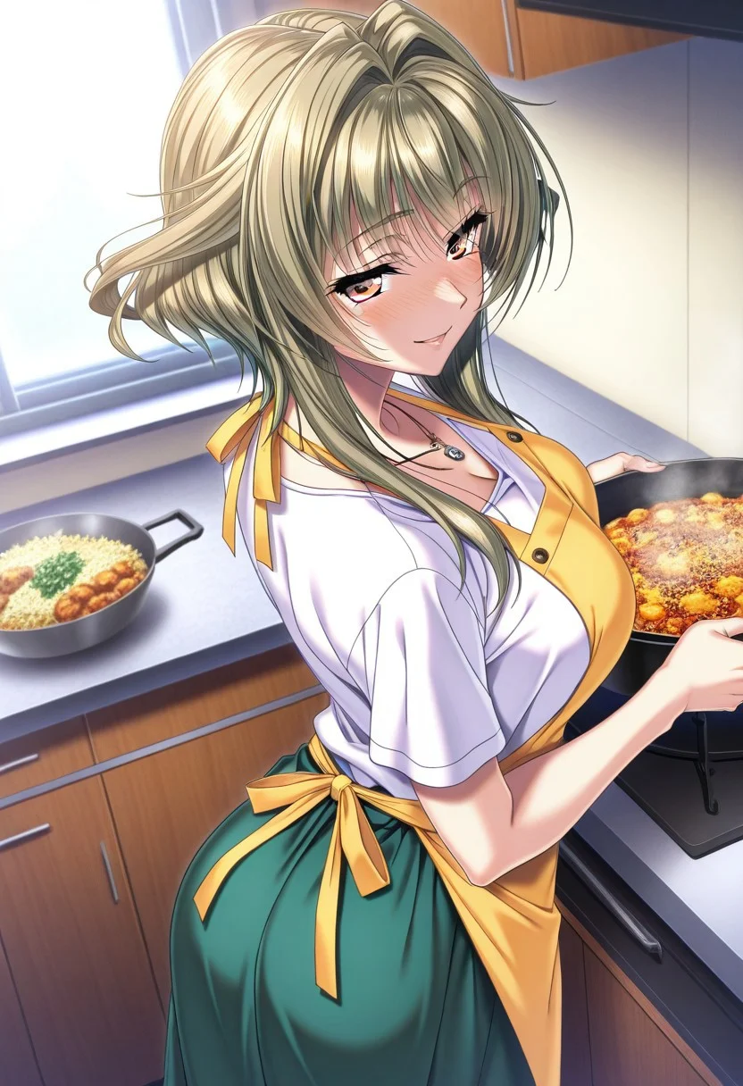 masterpiece, best quality, newest, highres, uncensored, 1girl, yokota mamoru style,1girl, slender face,motion lines,blush,torogao,looking at the viewer,seductive smile
Kanbayashi Mizuki,Blonde Yellow Hair, Intake Hair, Long Hair, Sidehair,Grey Eyes,Heterochromia, Tsurime, Violet Eyes,Medium Breasts, One Mole,Slim,Pendant Necklace
1girl,solo
1girl, solo, long hair, nake apron, cooking, from behind, skirt, kitchen, indoors, short sleeves, food, green skirt