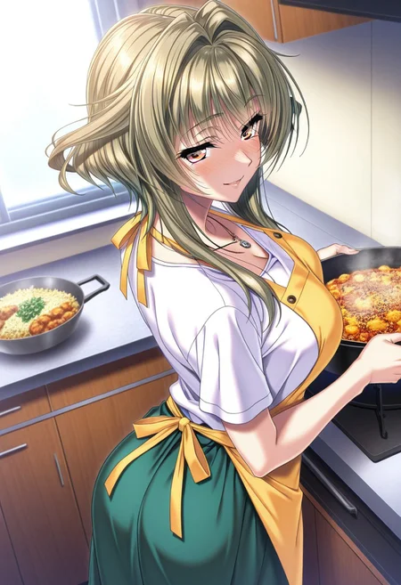 masterpiece, best quality, newest, highres, uncensored, 1girl, yokota mamoru style,1girl, slender face,motion lines,blush,torogao,looking at the viewer,seductive smile
Kanbayashi Mizuki,Blonde Yellow Hair, Intake Hair, Long Hair, Sidehair,Grey Eyes,Heterochromia, Tsurime, Violet Eyes,Medium Breasts, One Mole,Slim,Pendant Necklace
1girl,solo
1girl, solo, long hair, nake apron, cooking, from behind, skirt, kitchen, indoors, short sleeves, food, green skirt