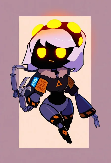 score_9,score_8_up,score_7_up,score_6_up,score_5_up, <lora:mdv:1>, (mdv dissasembly_drone), robot, (masterpiece, high quality, highly detailed, best quality), 1girl, solo, robot girl, humanoid robot, robot joints, hairband, short white hair, yellow eyes, solid circle pupils,fur-trimmed black jacket, armband, mechanical wings,
chibi
