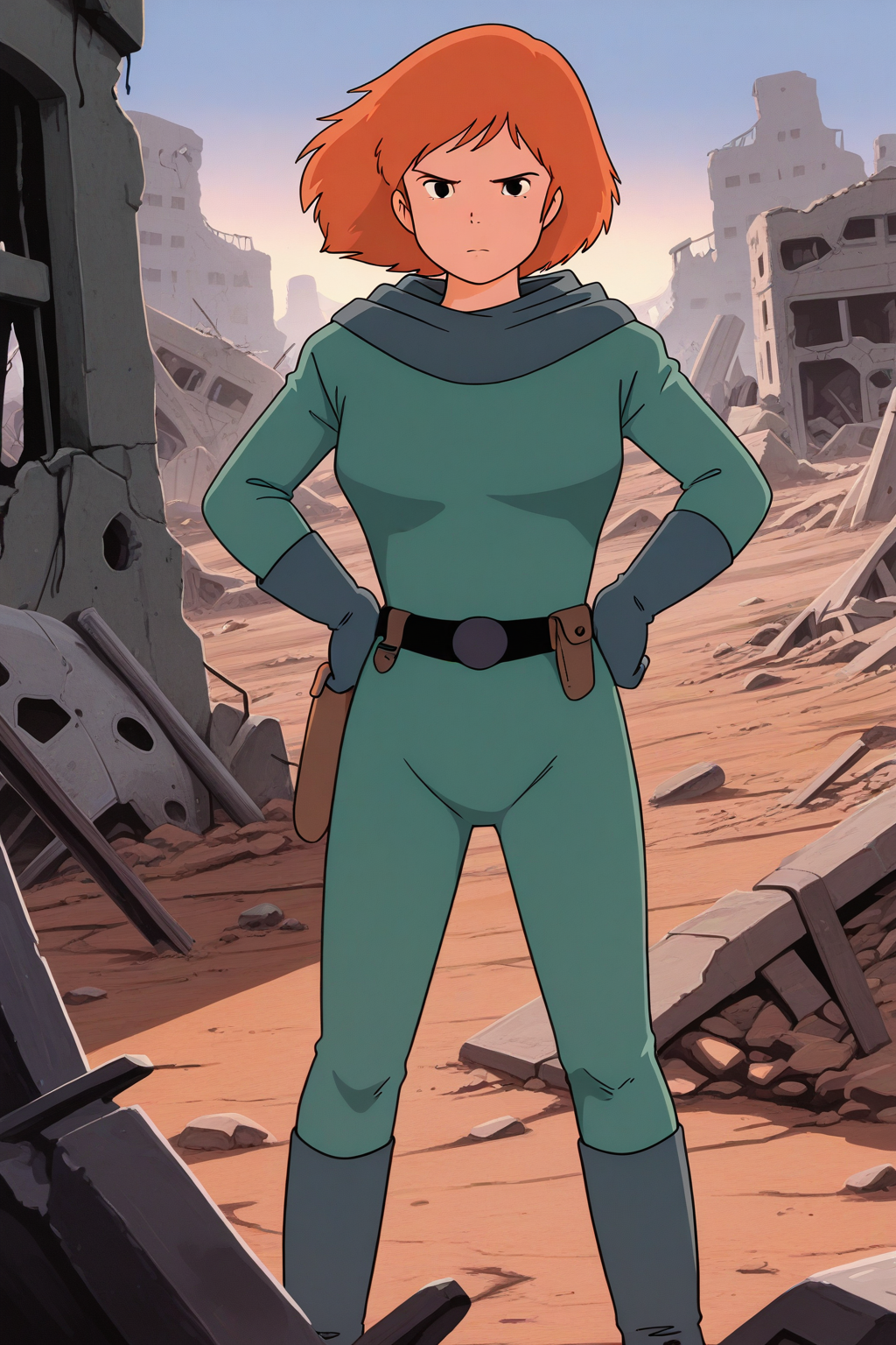 masterpiece, best quality, amazing quality, absurdres, solo, conanmonsley, serious, standing, looking at viewer, dutch angle, hands on hips, orange hair, green hood, hood down, green bodysuit, green gloves, green boots, outdoors, ruins, wasteland, wreckage