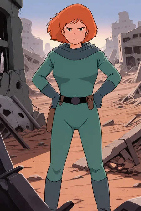 masterpiece, best quality, amazing quality, absurdres, solo, conanmonsley, serious, standing, looking at viewer, dutch angle, hands on hips, orange hair, green hood, hood down, green bodysuit, green gloves, green boots, outdoors, ruins, wasteland, wreckage