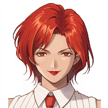 score_9, score_8_up, score_7_up, source_anime, 1girl, solo,
<lora:zs_SkyPortraitsXL:1> skyportraits, portrait, white background
<lora:VanessaKOF_V2:1> VanessaKOF, red hair, short hair, sleeveless shirt, red necktie, red lips, seductive smile