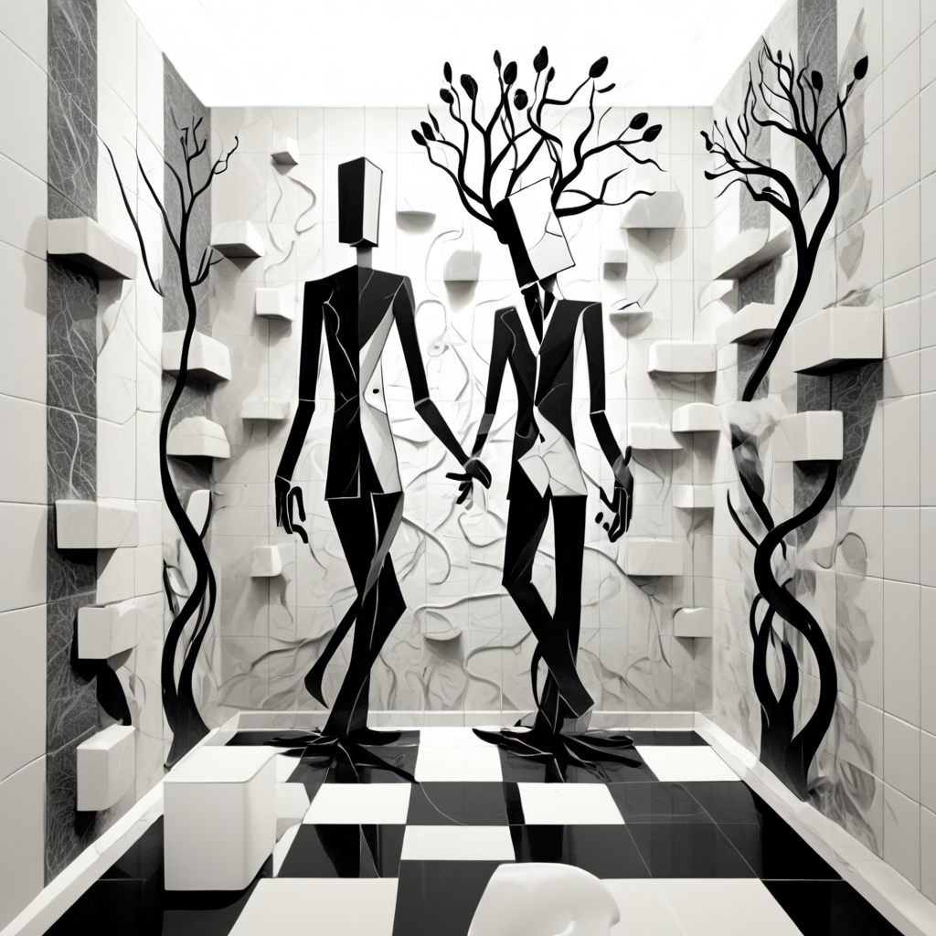 carved relief, 3d, sculpture, exquisite, black and white, elegant, minimal, decadence, beautiful,willow and tulip, clouds, water, flowers, roots and trunk entertwined, repeating pattern, tiled, bathroom walls
 <lora:artfullyWHIMSICAL_SDXL_V1:1>, artwhmscl
abstract sketch of a whimsical cartoon male illusionary geometric abstractionists, with transparent layers, on a white background, using lines and cubes, in the style of a sketching style, as digital art, with high resolution, without shadows, with a simple composition, of a modern design, with clean lines, with high contrast, using a monochromatic color scheme, with a depth of field effect, using perspective effects, with technical drawing elements, conceptualizing a theme based on the subject