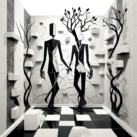 carved relief, 3d, sculpture, exquisite, black and white, elegant, minimal, decadence, beautiful,willow and tulip, clouds, water, flowers, roots and trunk entertwined, repeating pattern, tiled, bathroom walls
<lora:artfullyWHIMSICAL_SDXL_V1:1>, artwhmscl
abstract sketch of a whimsical cartoon male illusionary geometric abstractionists, with transparent layers, on a white background, using lines and cubes, in the style of a sketching style, as digital art, with high resolution, without shadows, with a simple composition, of a modern design, with clean lines, with high contrast, using a monochromatic color scheme, with a depth of field effect, using perspective effects, with technical drawing elements, conceptualizing a theme based on the subject