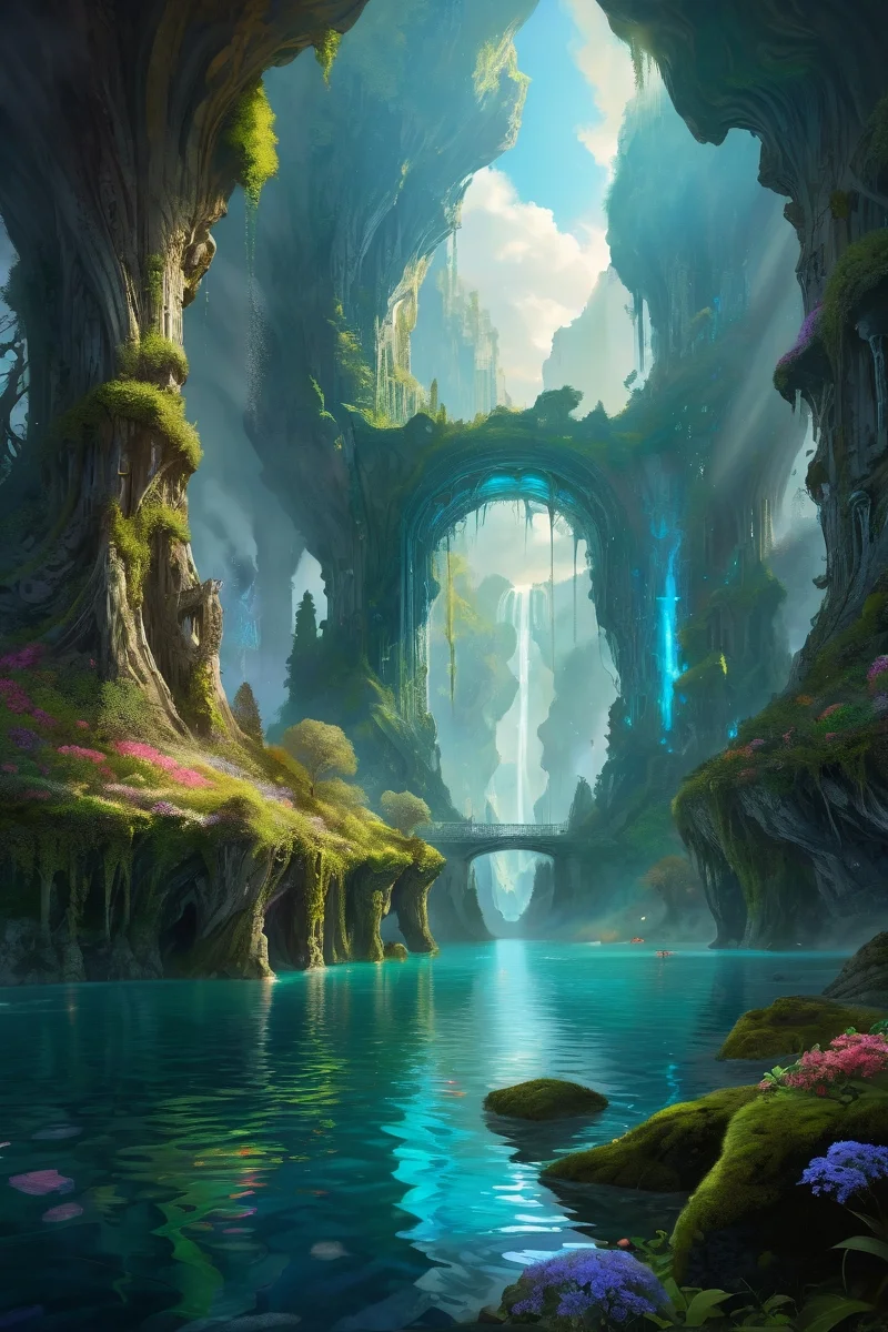 serene forest river surrounded by reflective water ,crystalline caverns resonating with earth-song, geodes bursting with plasma moss, underground rivers carrying petrified nightmares past subterranean elven crypts, ocean, rainbow morning,weather foggy surprised cinematic view, epic sky, detailed, concept art, medium angle, high detail, warm lighting, volumetric, godrays, vivid, beautiful, trending on artstation, by Karol Bak, huge scene, grass,flower, art greg rutkowski,