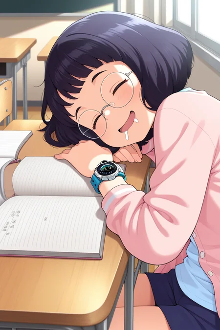 masterpiece, best quality, amazing quality, absurdres, misorainaho, short hair, glasses, round eyewear, solo, smile, upper body, sleeping, drooling, sitting, light blue shirt, pink cardigan, wristwatch, indoors, classroom, school, desk, open notebook