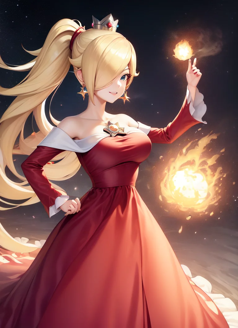 masterpiece, best quality, 1girl, solo, rosalina, red dress, ponytail, crown, large breasts, fireball, light smile, standing, space background <lora:Rosalina (Mario):1>