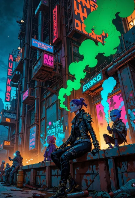 Outside the towering industrial warehouse, the smoking area buzzes with life. The building itself looms like a metallic colossus, its facade covered in rusted panels and jagged edges, illuminated by flickering neon signs in alien scripts. Vivid, animated graffiti sprawls across the walls, shifting with glitchy, colorful patterns. Thick pipes and glowing conduits run along the exterior, venting occasional bursts of steam into the cool, smoky night. The faint hum of distant machinery mingles with the muffled thrum of bass-heavy music pouring out from inside.
A mixed crowd of humans and aliens lingers near the entrance, some leaning on rusted railings or perched on discarded crates and broken metallic barrels. Smoke curls into the air, catching the light of glowing plasma cigarettes and strange, orb-like vapes that pulse in alien hues. A humanoid woman with cybernetic arms and glowing piercings exhales a bright green vapor, her spiked leather jacket glinting under a nearby flickering light. Beside her, a crystalline alien with jagged, sapphire-like features puffs on a tube-like device, its mist shimmering faintly as it drifts upward. The atmosphere is raw and electric, the crowdâs quiet chatter mixing with occasional laughter and the distant hiss of steam, painting a scene of gritty, futuristic rebellion. Anime style. <lora:artilands:0.3>  <lora:Anime v1.3:0.6>  <lora:RM_Artistify_v1.0M:0.5>