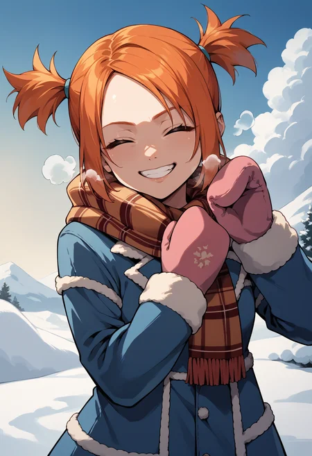 score_9, score_8_up, score_7_up, source_anime, 1girl, looking at viewer, grin, closed eyes, breath, <lora:RuiPKMN-pdxl:1> ru1, orange hair, short twintails, blue coat, medium breasts, fur trim, plaid scarf, mittens, snow, cloud
