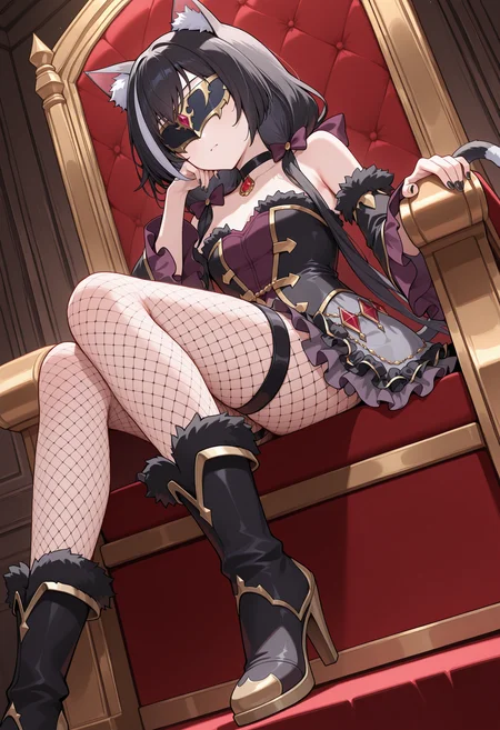 highres, best quality, masterpiece, indoors,
1girl, solo, pcrcal, black hair, streaked hair, cat ears, animal ear fluff, cat tail,
calundl, low twintails, hair bow, eye mask, black choker, black bodice, gold trim, strapless, fur trim, black sleeves, detached sleeves, wide sleeves, jewelry, belly chain, red gemstone, grey skirt, frilled skirt, layered skirt, black frills, purple frills, thigh strap, fishnet pantyhose, black nails, boots, high heels,
sitting, head rest,
from below, dutch angle, throne,
<lora:_kyaru_pcr-elesico-ilxlC:1>